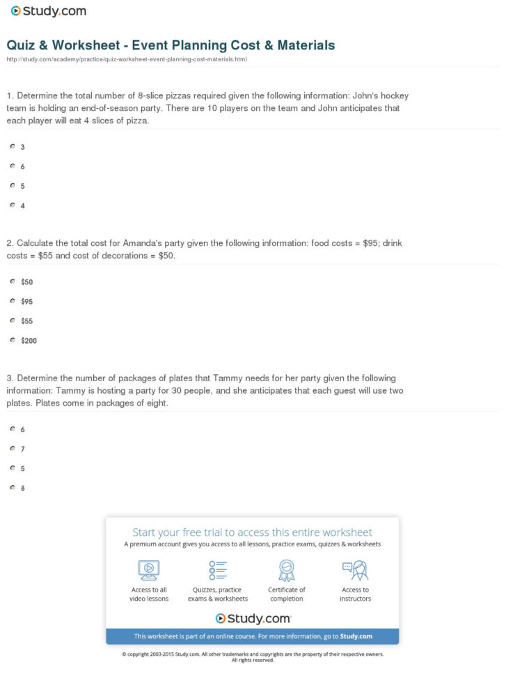 Quiz  Worksheet  Event Planning Cost  Materials  Study