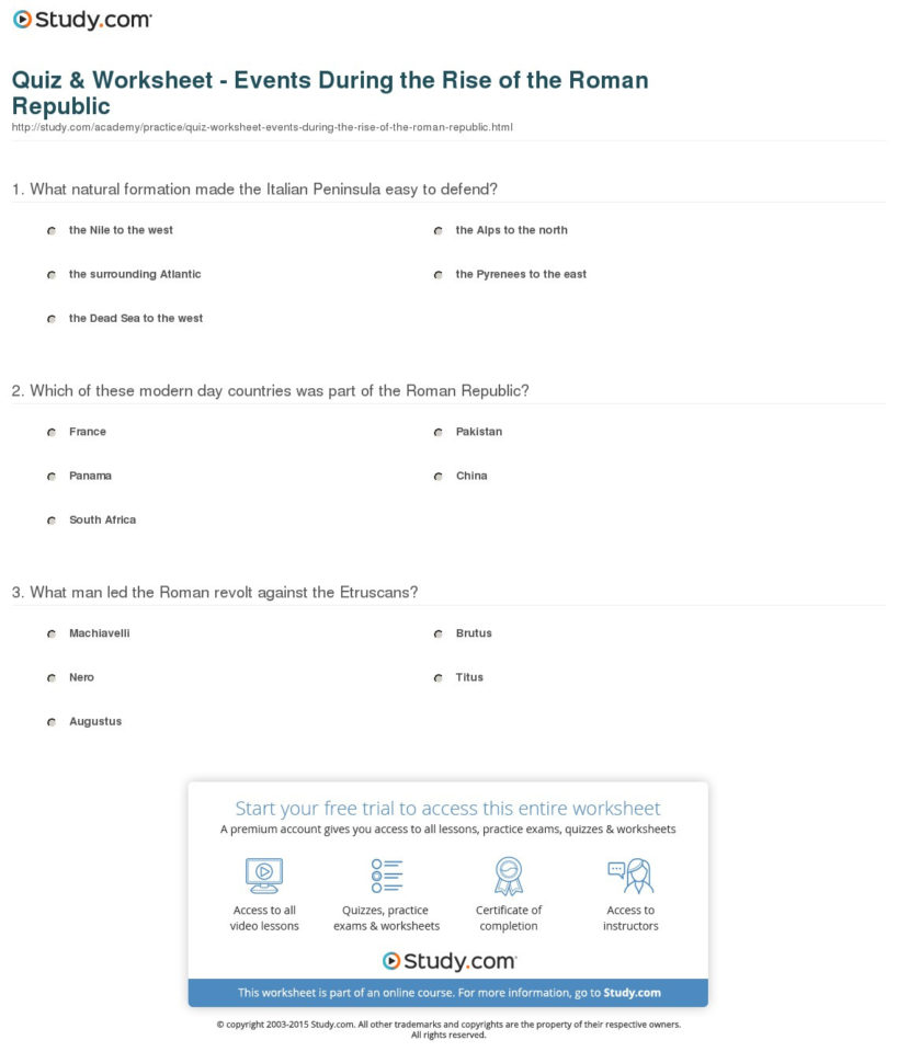 Quiz  Worksheet  Events During The Rise Of The Roman Republic