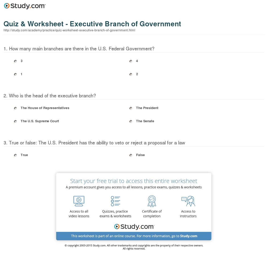 Quiz  Worksheet  Executive Branch Of Ernment  Study