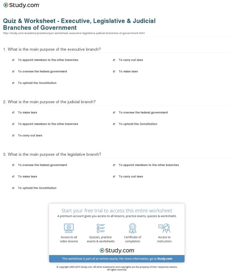 Quiz  Worksheet  Executive Legislative  Judicial