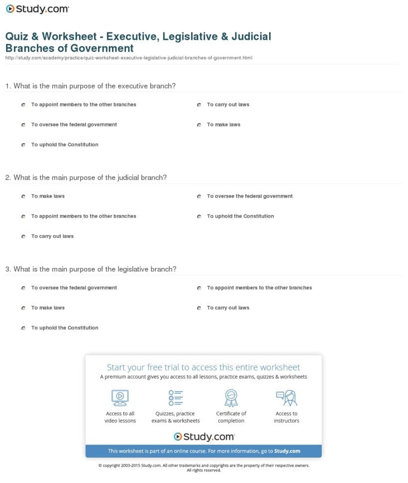 Quiz  Worksheet  Executive Legislative  Judicial