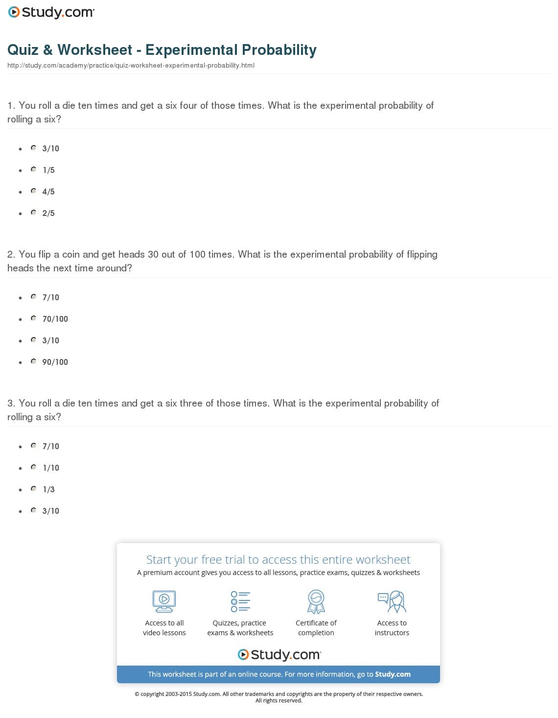 Quiz  Worksheet  Experimental Probability  Study