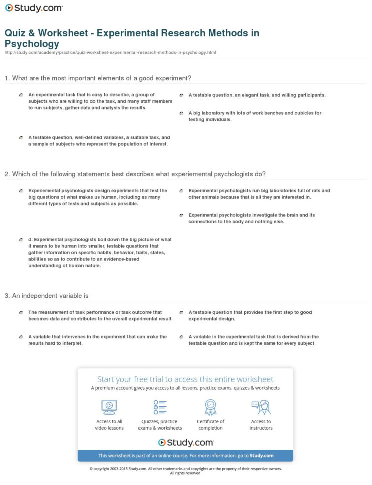 Quiz  Worksheet  Experimental Research Methods In