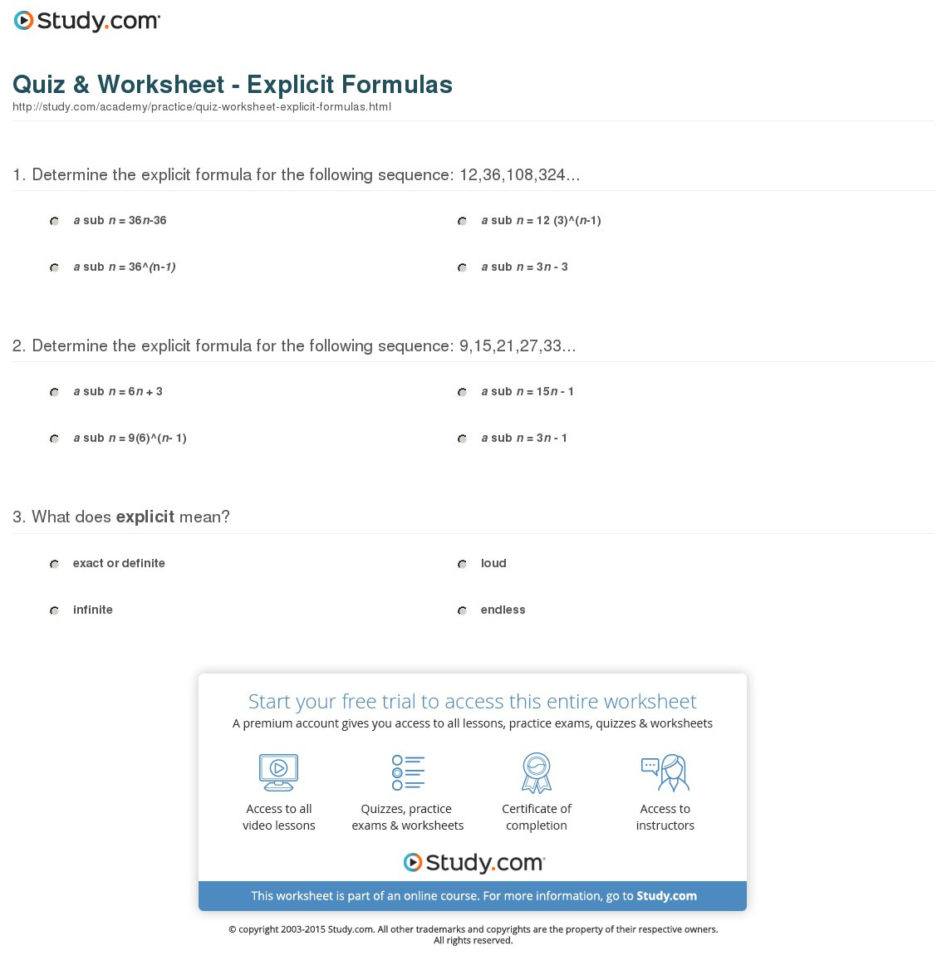 Quiz  Worksheet  Explicit Formulas  Study