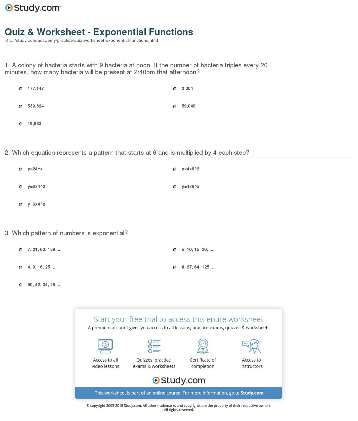Quiz  Worksheet  Exponential Functions  Study