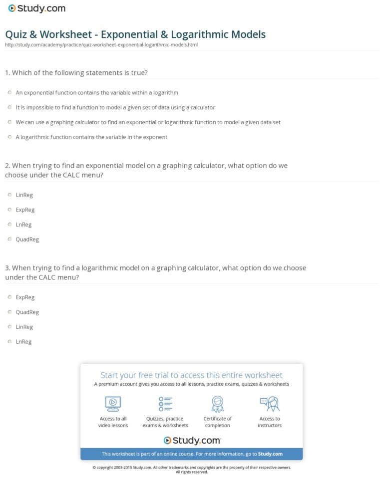 Quiz  Worksheet  Exponential  Logarithmic Models  Study