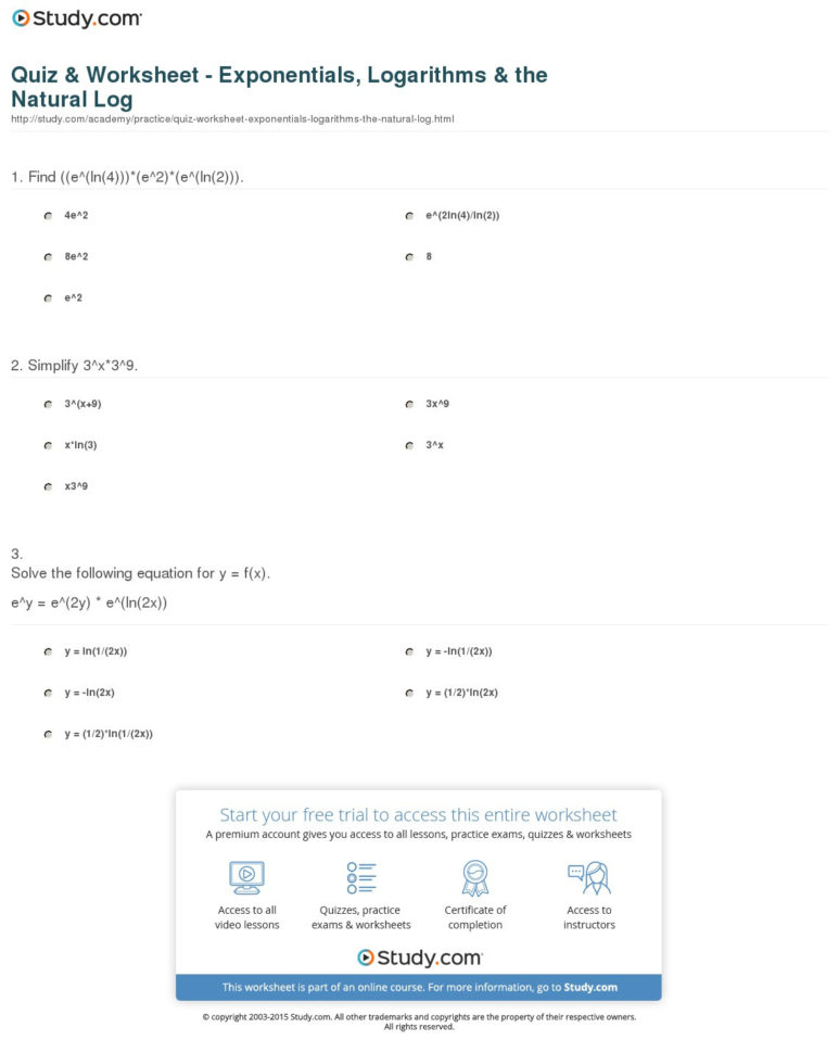 Quiz  Worksheet  Exponentials Logarithms  The Natural