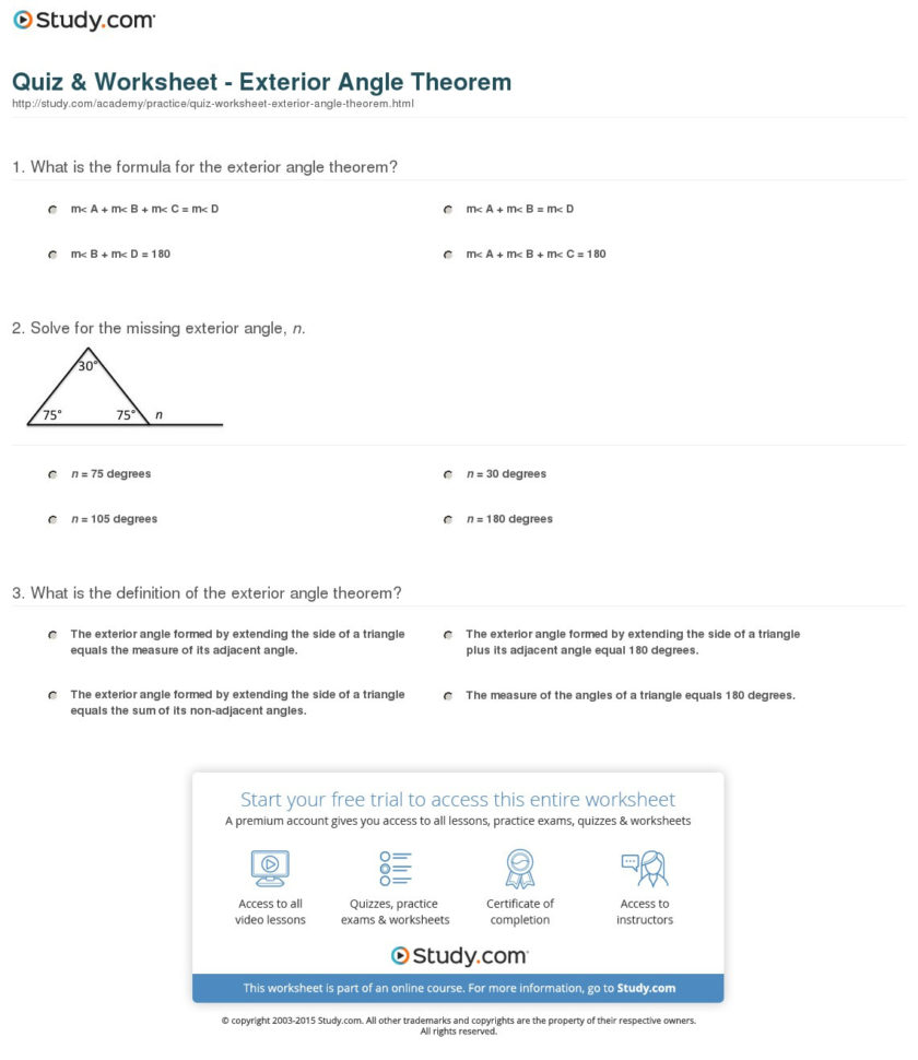 Quiz  Worksheet  Exterior Angle Theorem  Study
