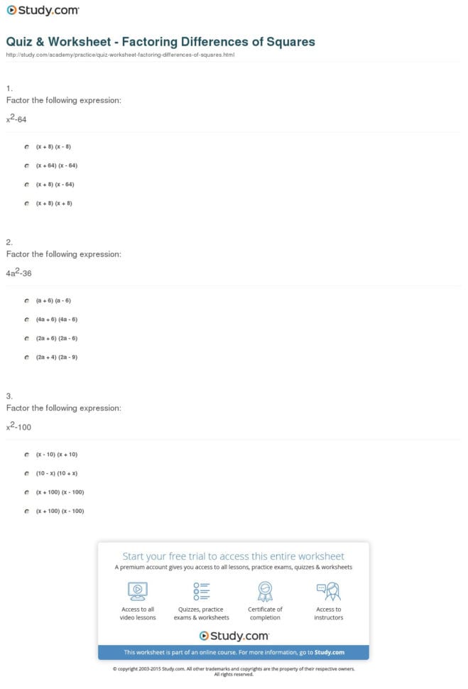 Quiz  Worksheet  Factoring Differences Of Squares  Study