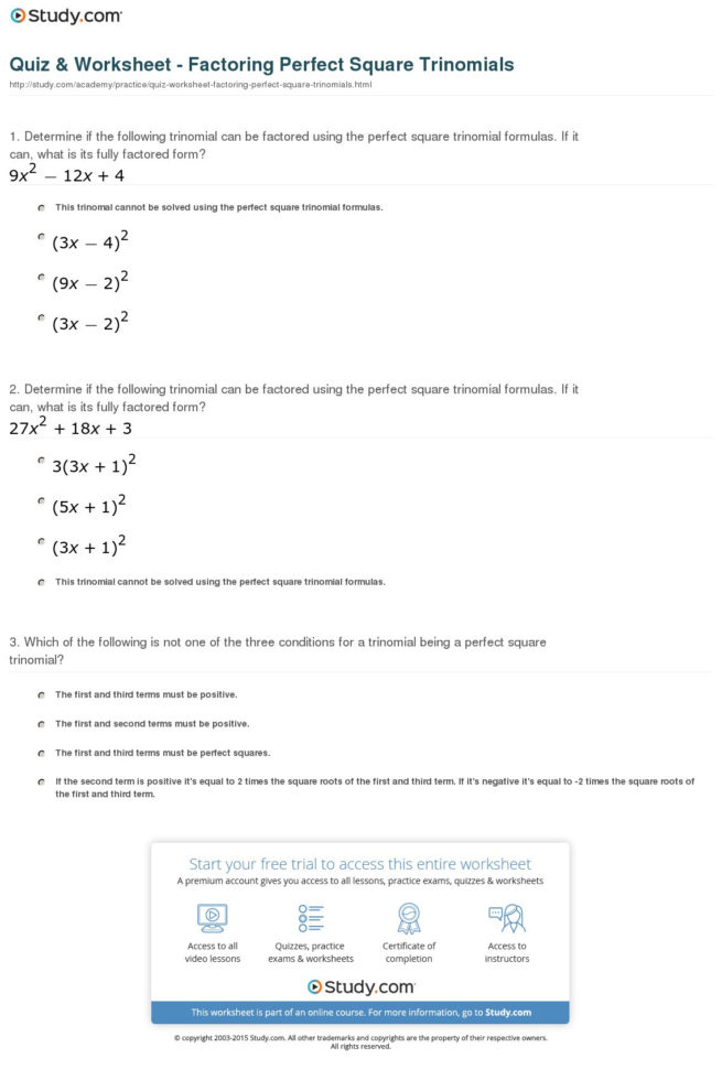 Quiz  Worksheet  Factoring Perfect Square Trinomials