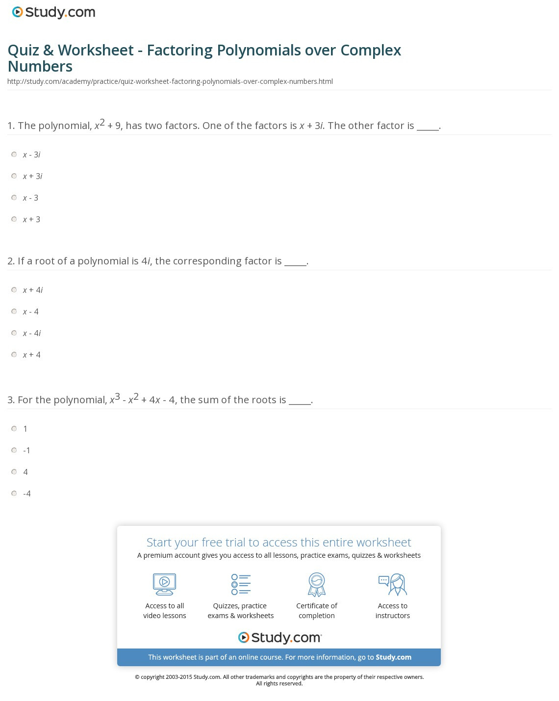Quiz  Worksheet  Factoring Polynomials Over Complex