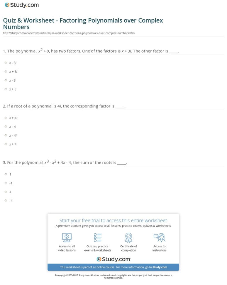 Quiz  Worksheet  Factoring Polynomials Over Complex