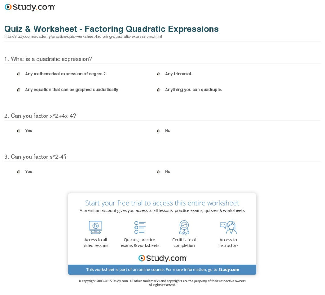 Quiz  Worksheet  Factoring Quadratic Expressions  Study