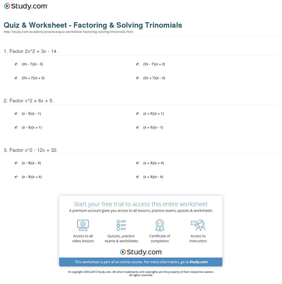 Quiz  Worksheet  Factoring  Solving Trinomials  Study