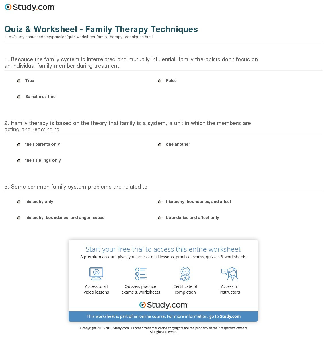 Quiz  Worksheet  Family Therapy Techniques  Study