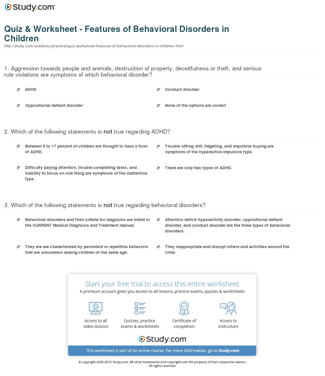 Quiz  Worksheet  Features Of Behavioral Disorders In