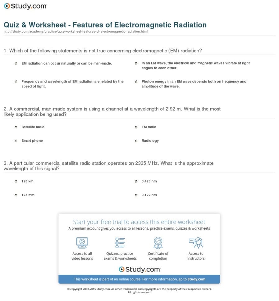 Quiz  Worksheet  Features Of Electromagnetic Radiation
