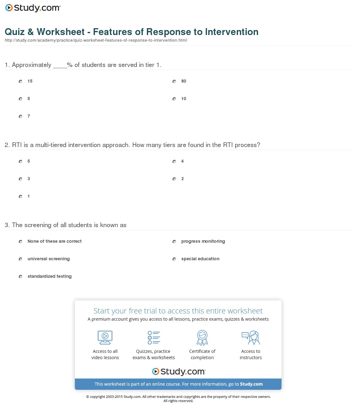 Quiz  Worksheet  Features Of Response To Intervention