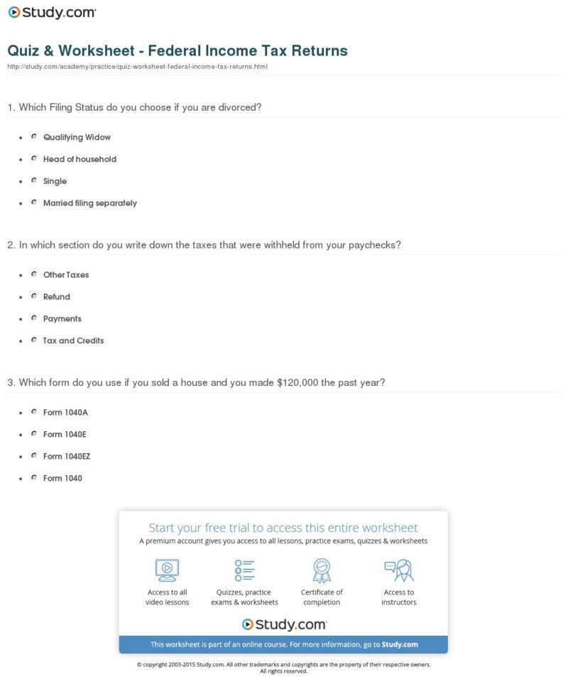 Quiz  Worksheet  Federal Income Tax Returns  Study