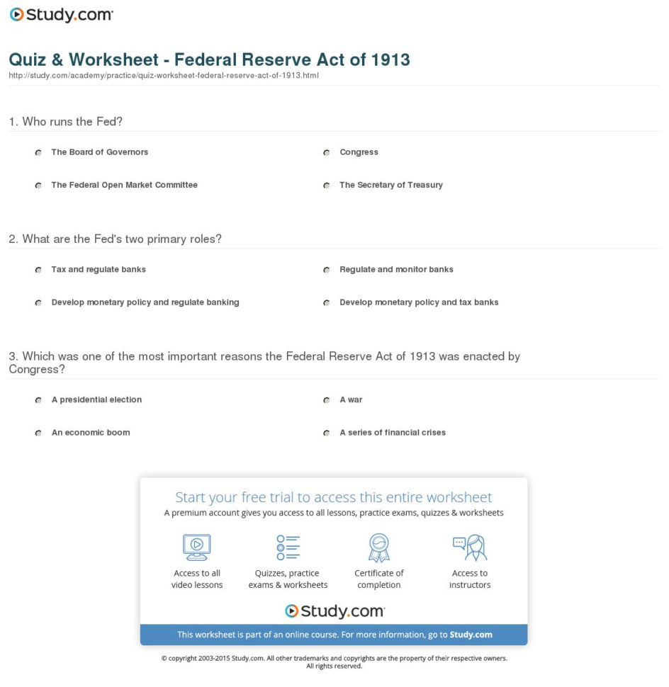 Quiz  Worksheet  Federal Reserve Act Of 1913  Study