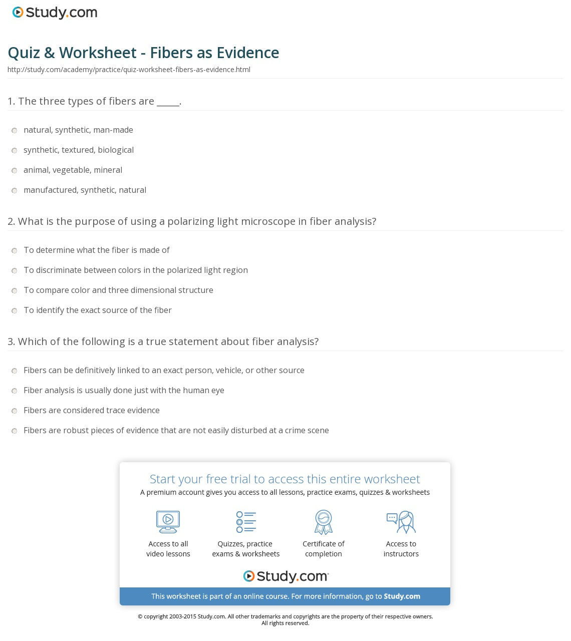 Quiz  Worksheet  Fibers As Evidence  Study
