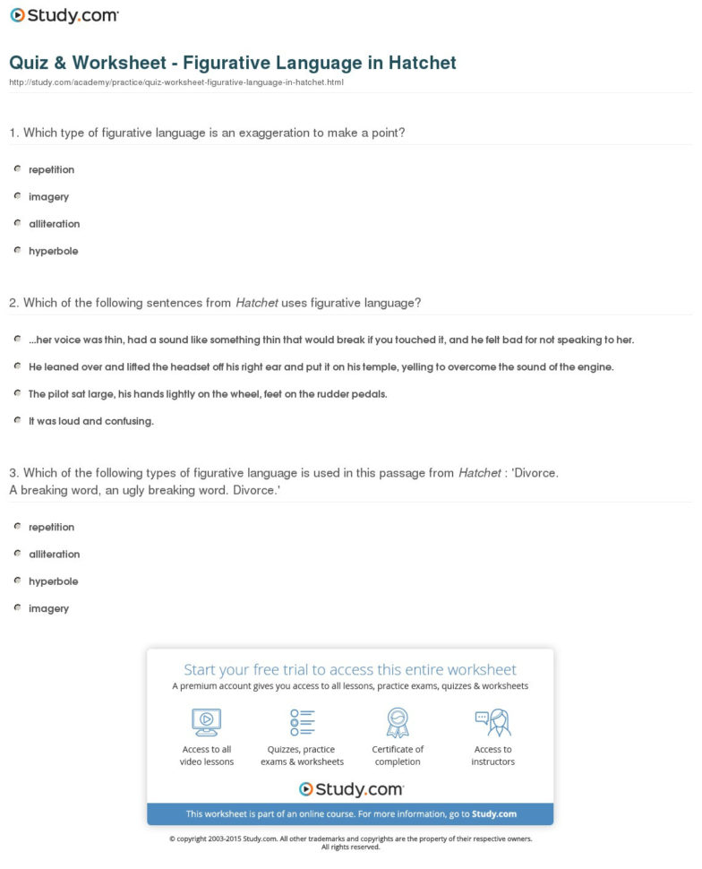 Quiz  Worksheet  Figurative Language In Hatchet  Study