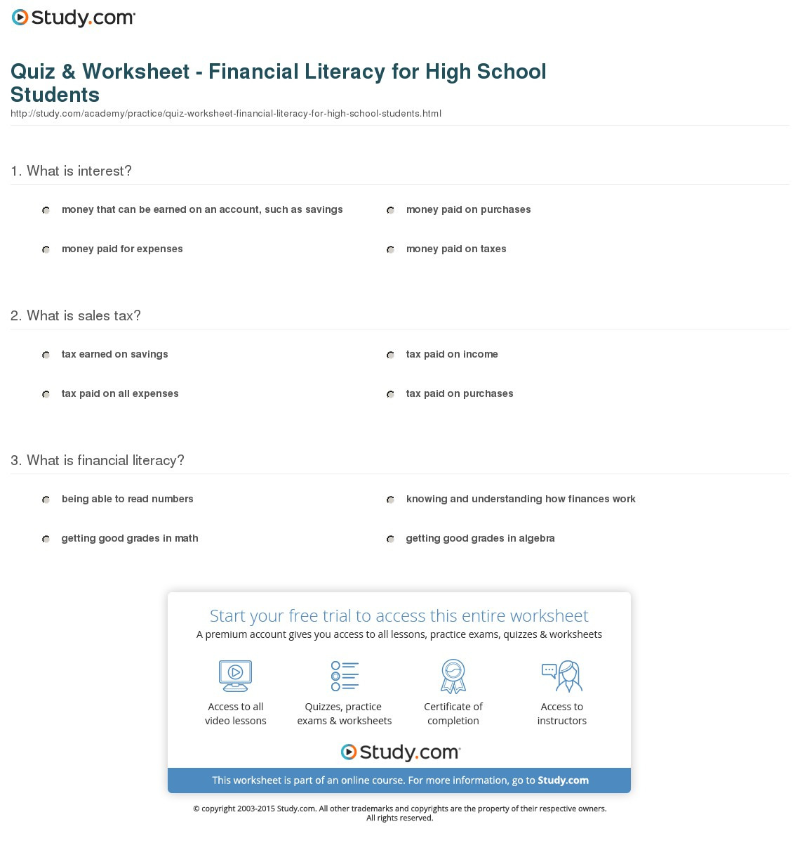 Quiz  Worksheet  Financial Literacy For High School
