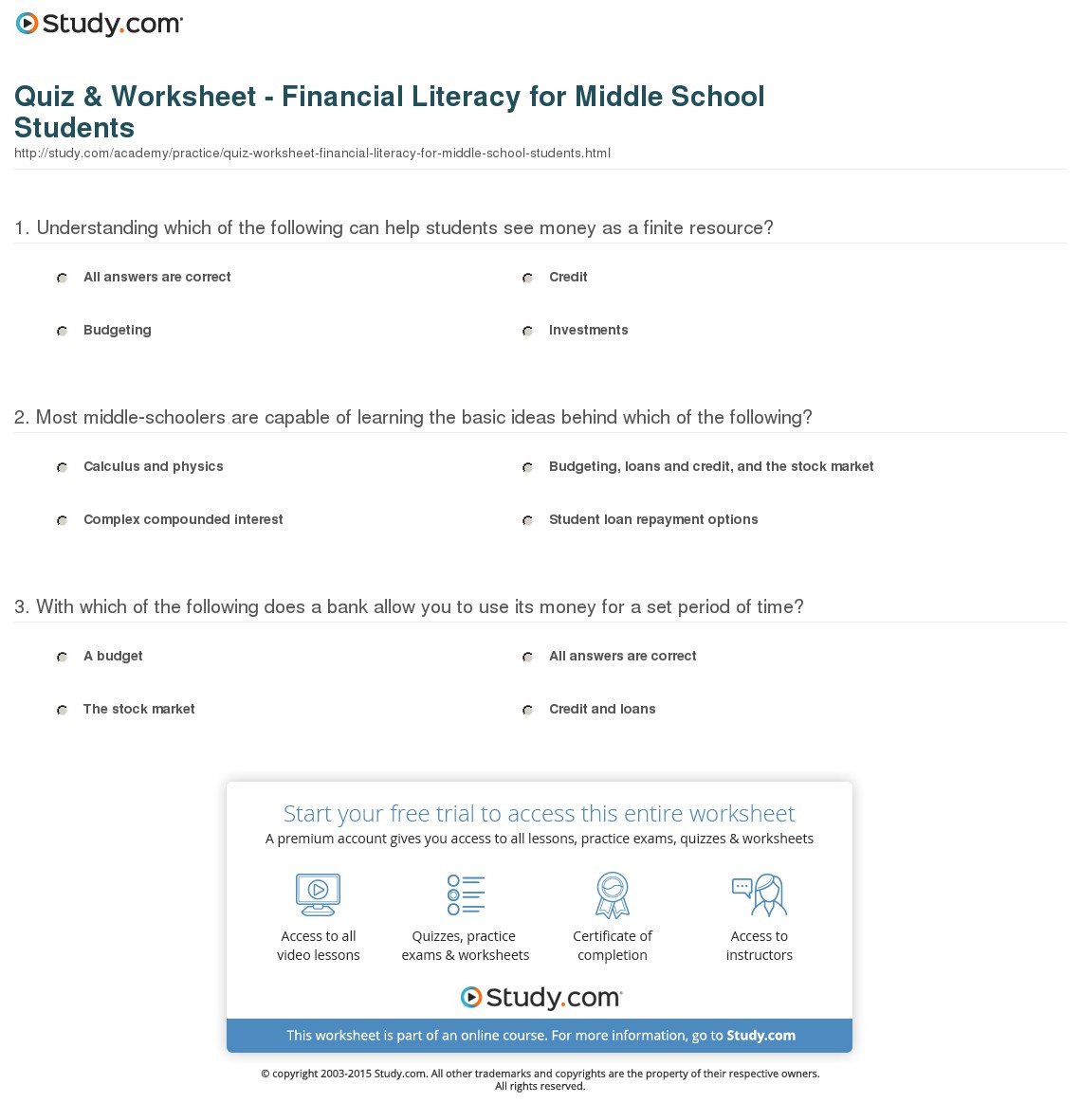 Quiz  Worksheet  Financial Literacy For Middle School