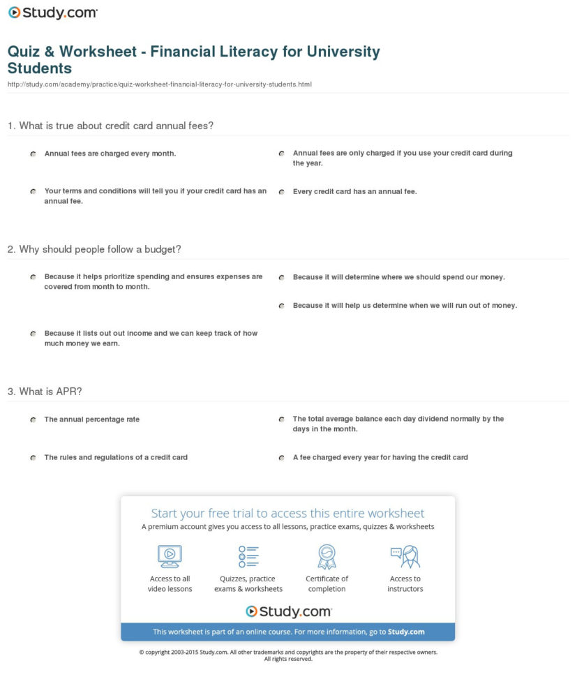 Quiz  Worksheet  Financial Literacy For University