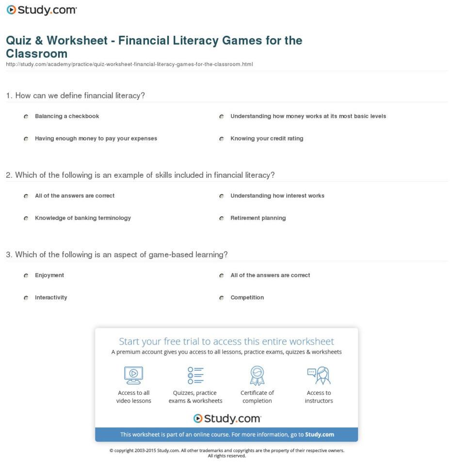 Quiz  Worksheet  Financial Literacy Games For The