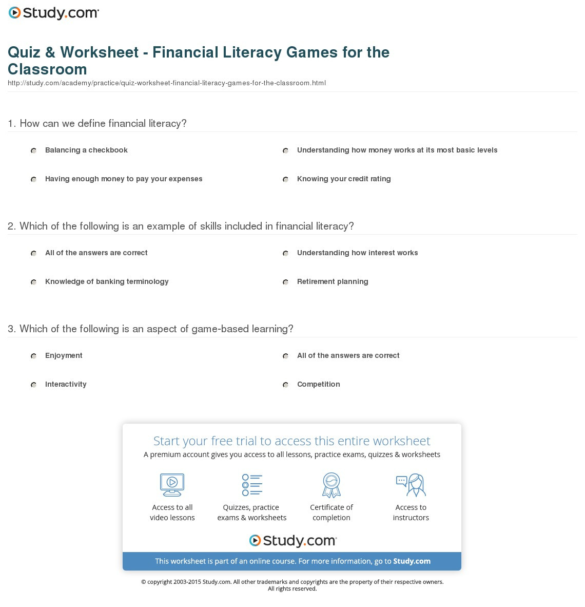 Quiz  Worksheet  Financial Literacy Games For The