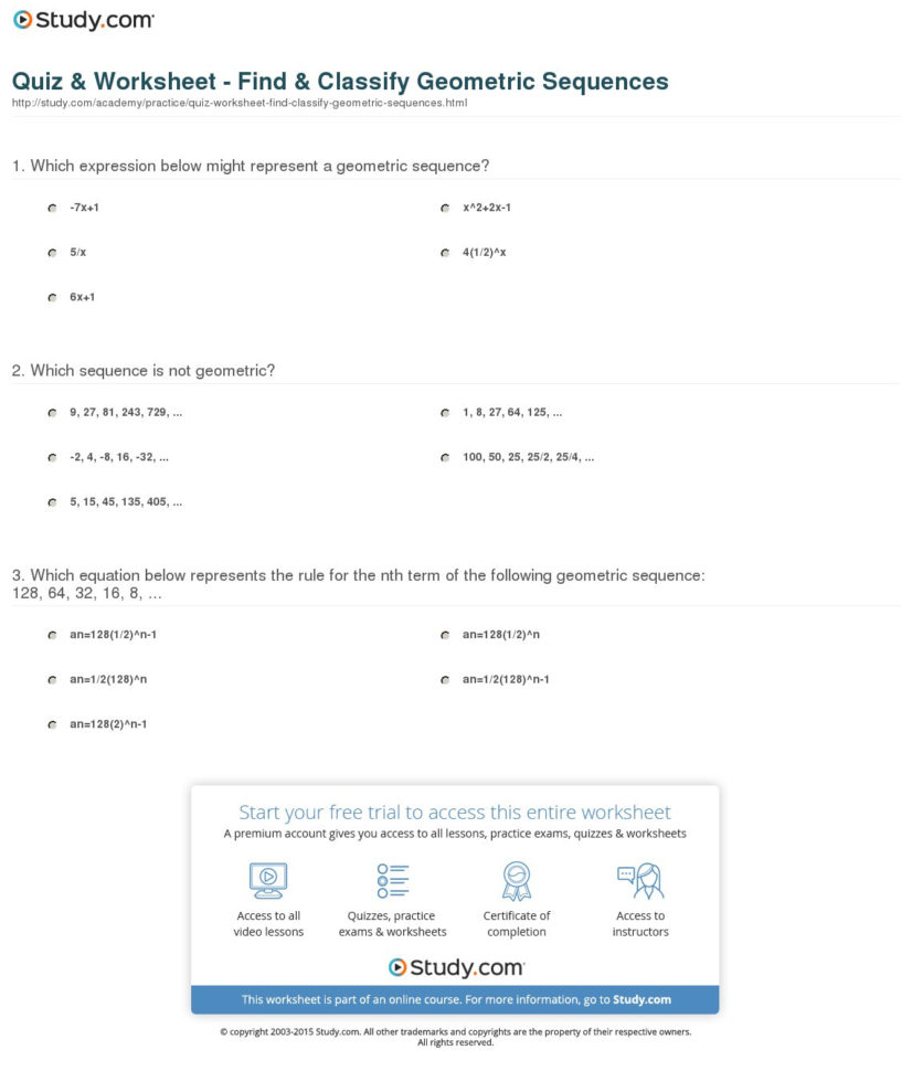 Quiz  Worksheet  Find  Classify Geometric Sequences