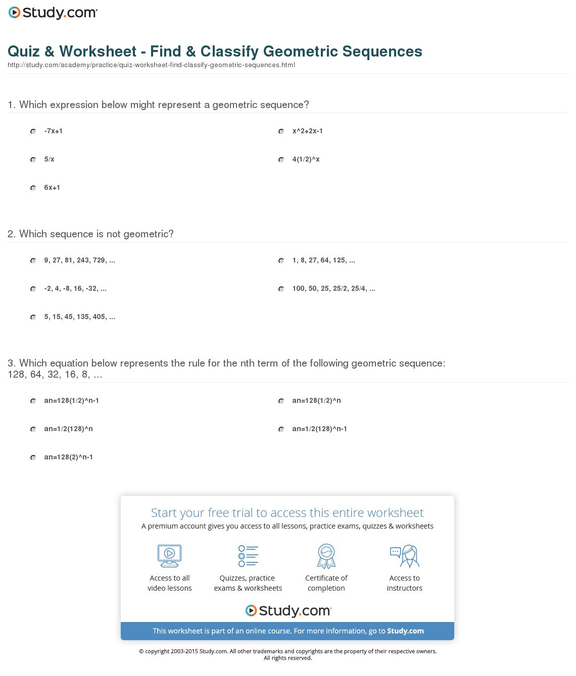Quiz  Worksheet  Find  Classify Geometric Sequences