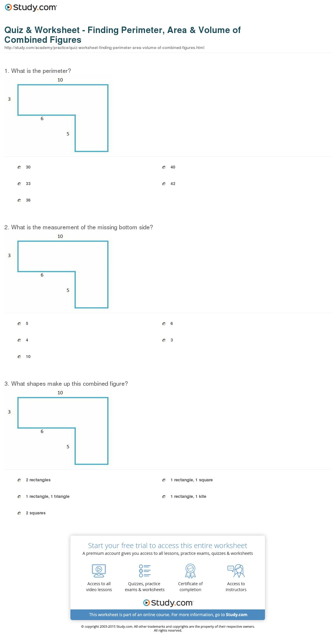 Quiz  Worksheet  Finding Perimeter Area  Volume Of Combined