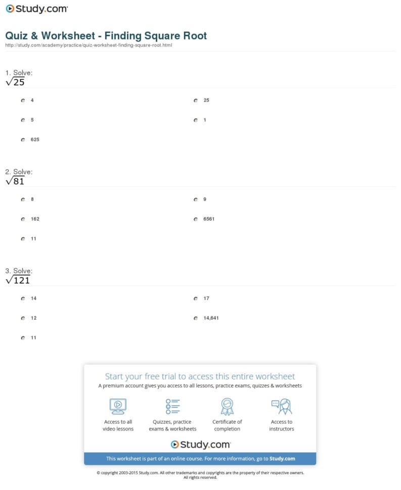 Quiz  Worksheet  Finding Square Root  Study