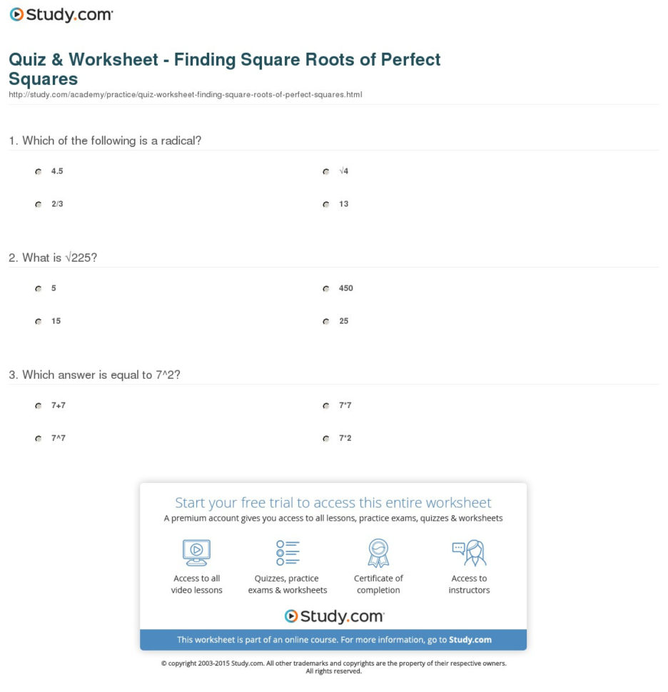 Quiz  Worksheet  Finding Square Roots Of Perfect Squares