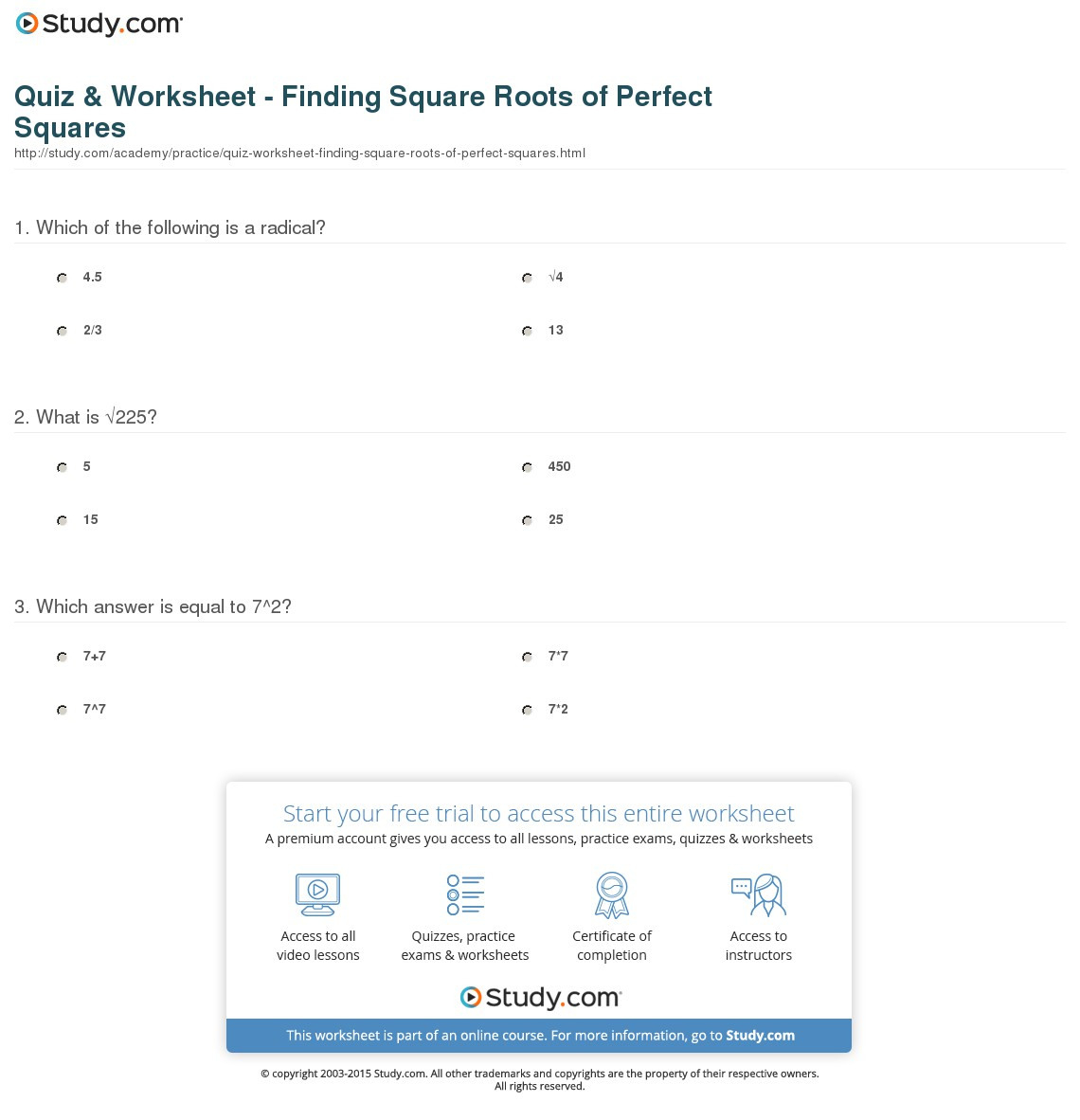Quiz  Worksheet  Finding Square Roots Of Perfect Squares