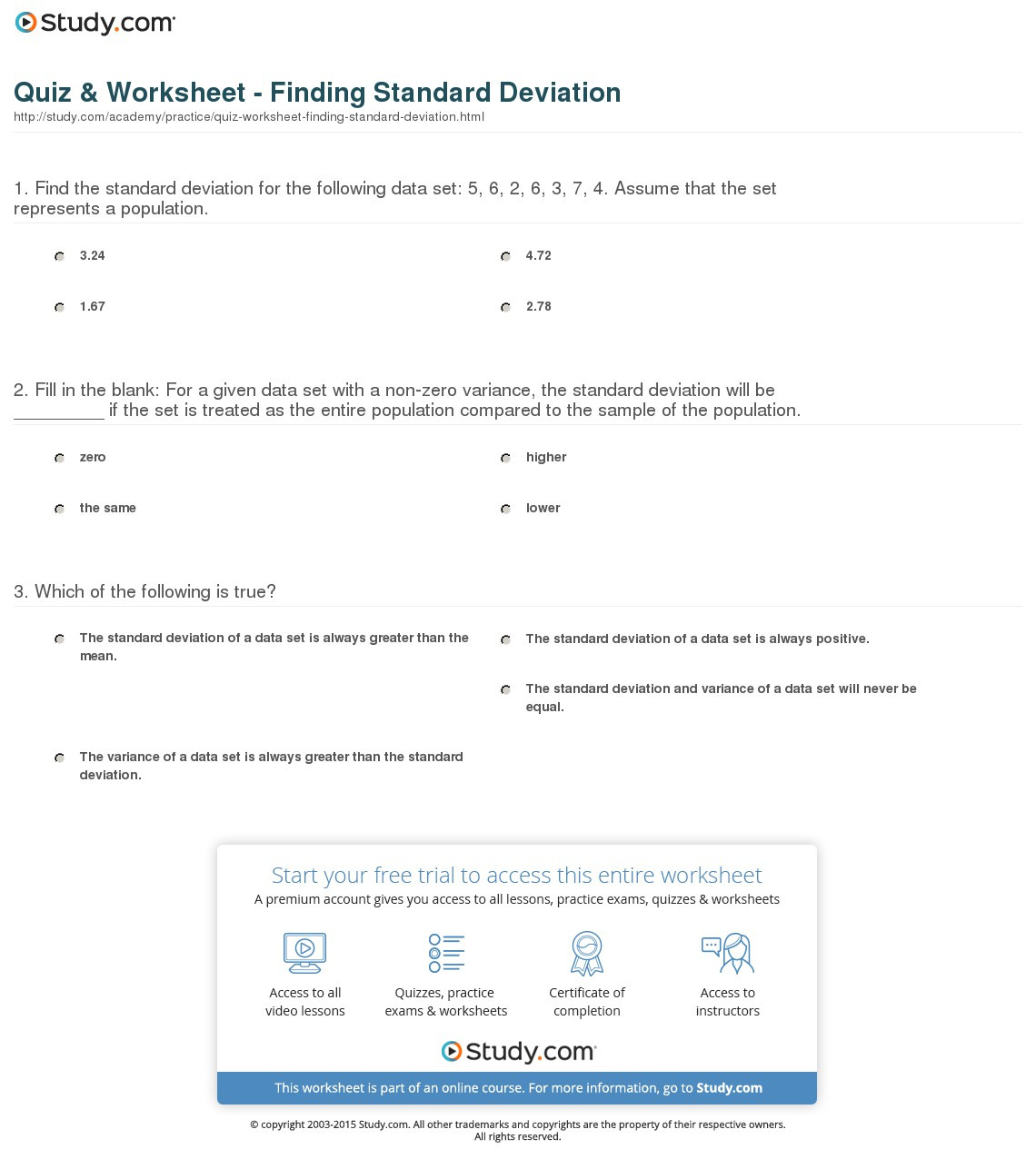 Quiz  Worksheet  Finding Standard Deviation  Study
