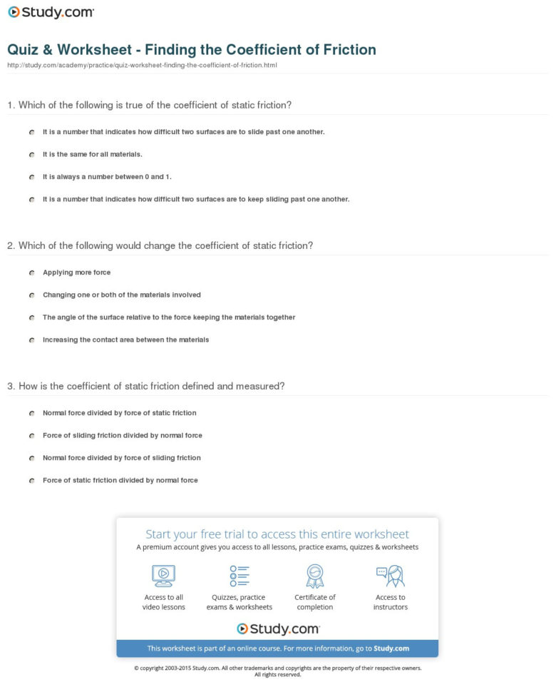 Quiz  Worksheet  Finding The Coefficient Of Friction  Study
