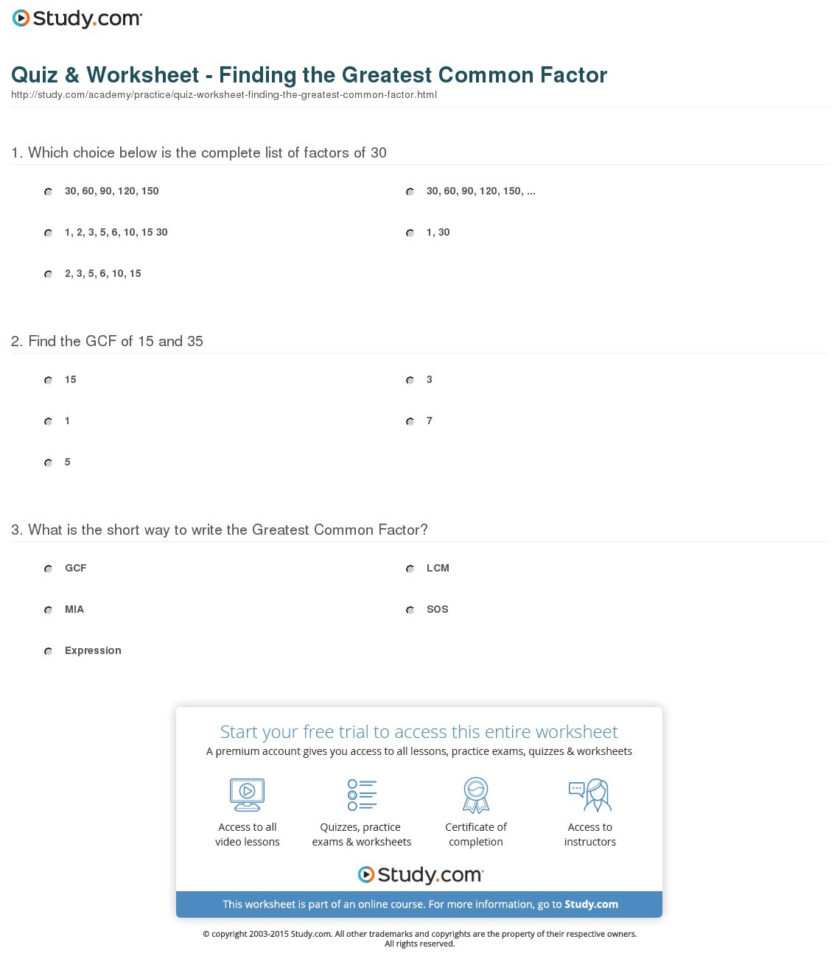Quiz  Worksheet  Finding The Greatest Common Factor Quiz  Worksheet  Finding The Greatest Common Factor