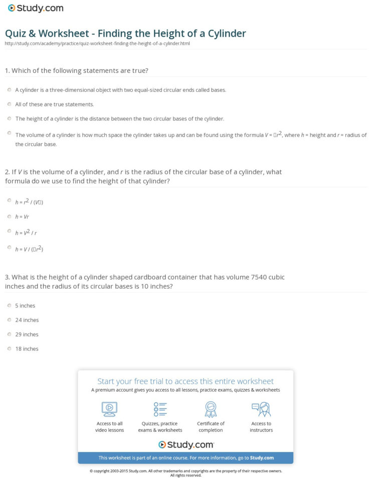 Quiz  Worksheet  Finding The Height Of A Cylinder  Study