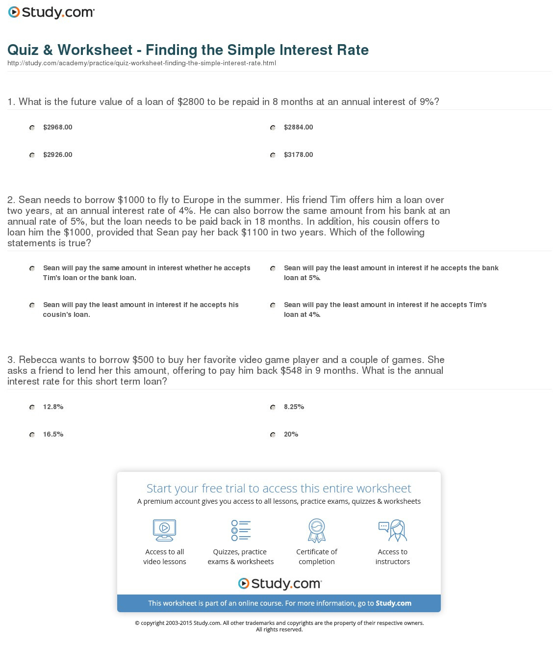 Quiz  Worksheet  Finding The Simple Interest Rate  Study