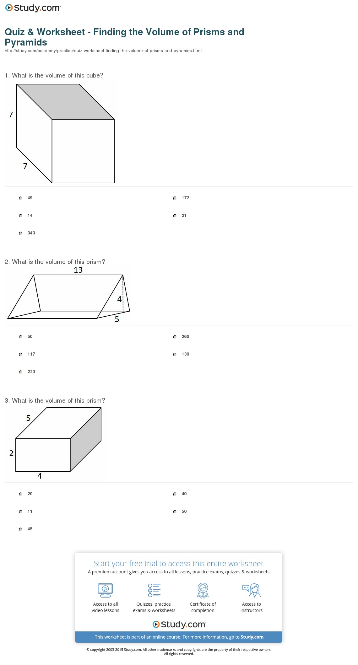 Quiz  Worksheet  Finding The Volume Of Prisms And Pyramids  Study