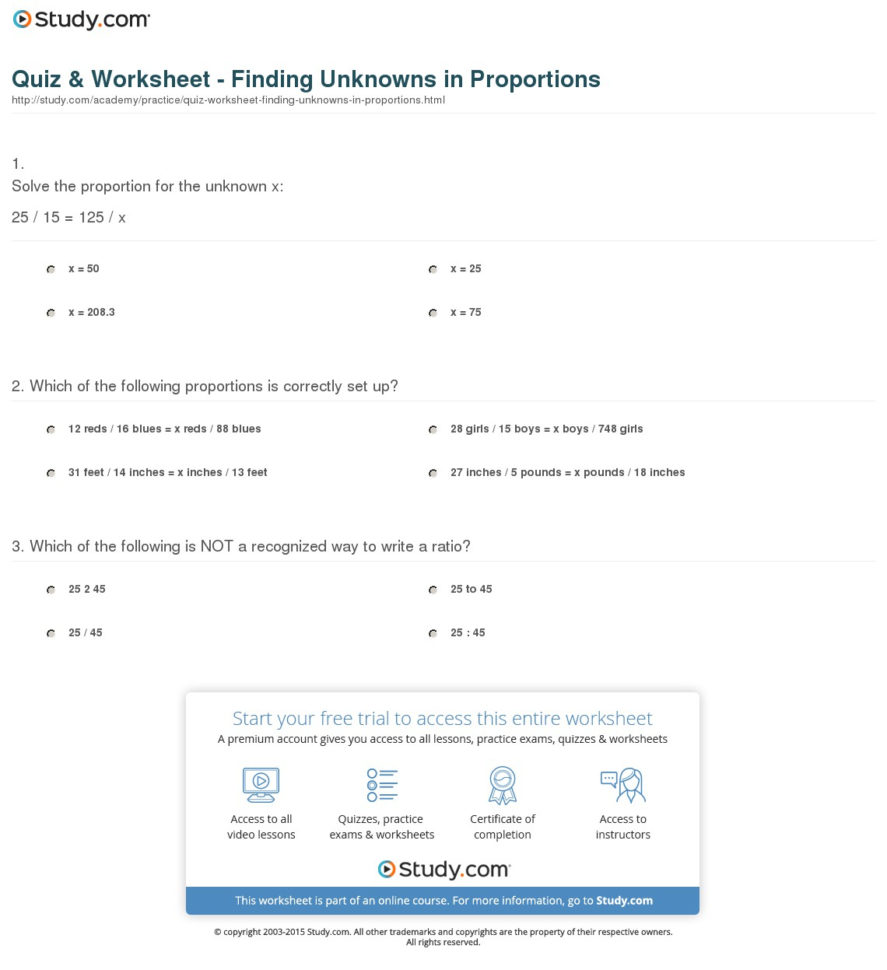 Quiz  Worksheet  Finding Unknowns In Proportions  Study