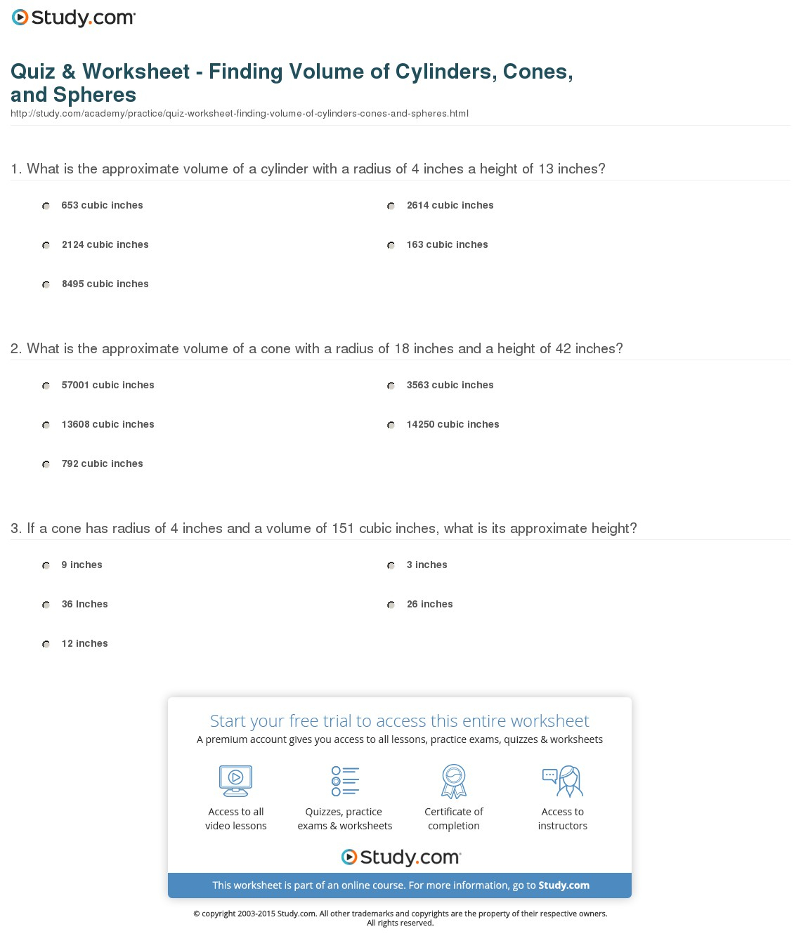 Quiz  Worksheet  Finding Volume Of Cylinders Cones And Spheres