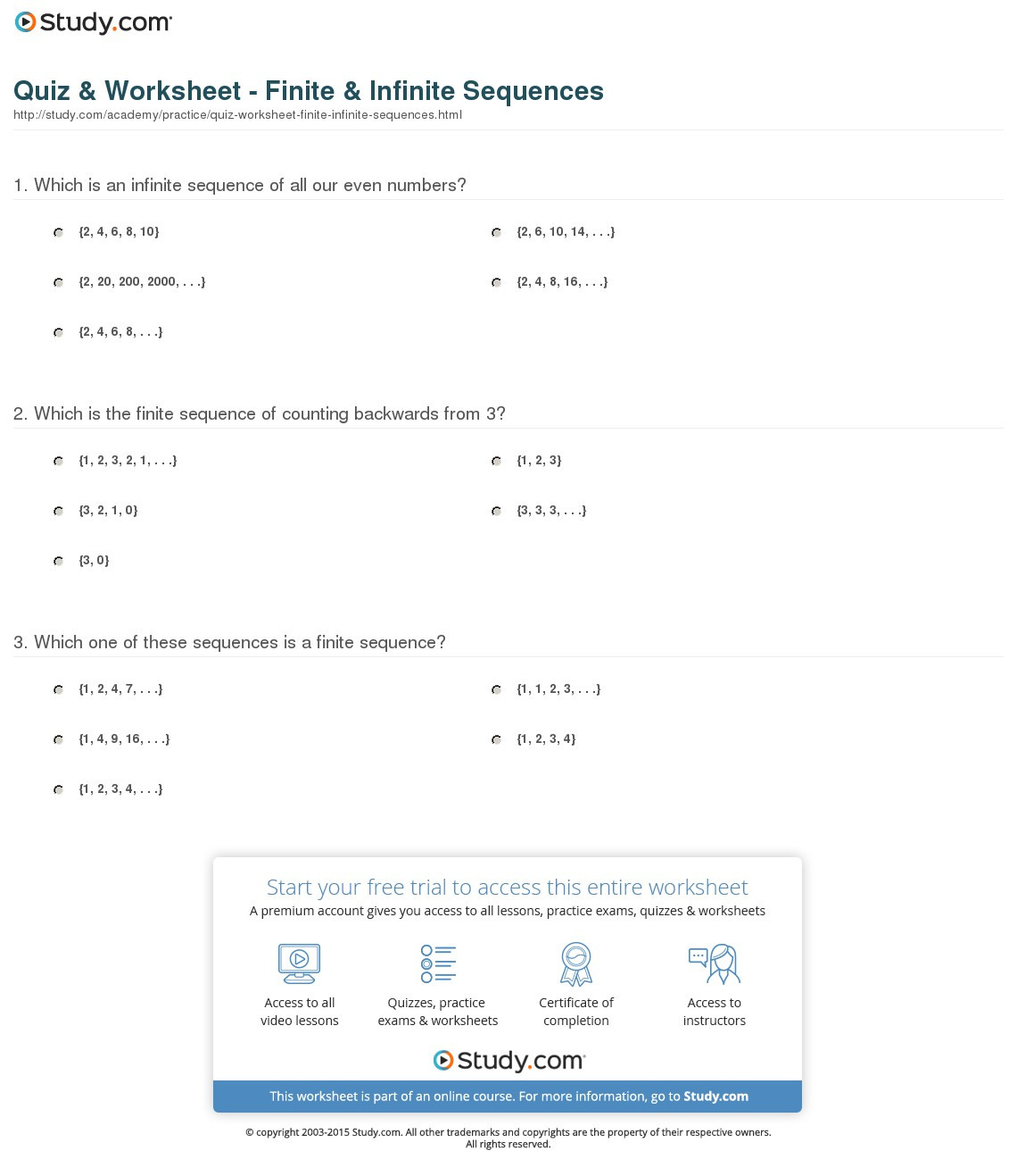 Quiz  Worksheet  Finite  Infinite Sequences  Study