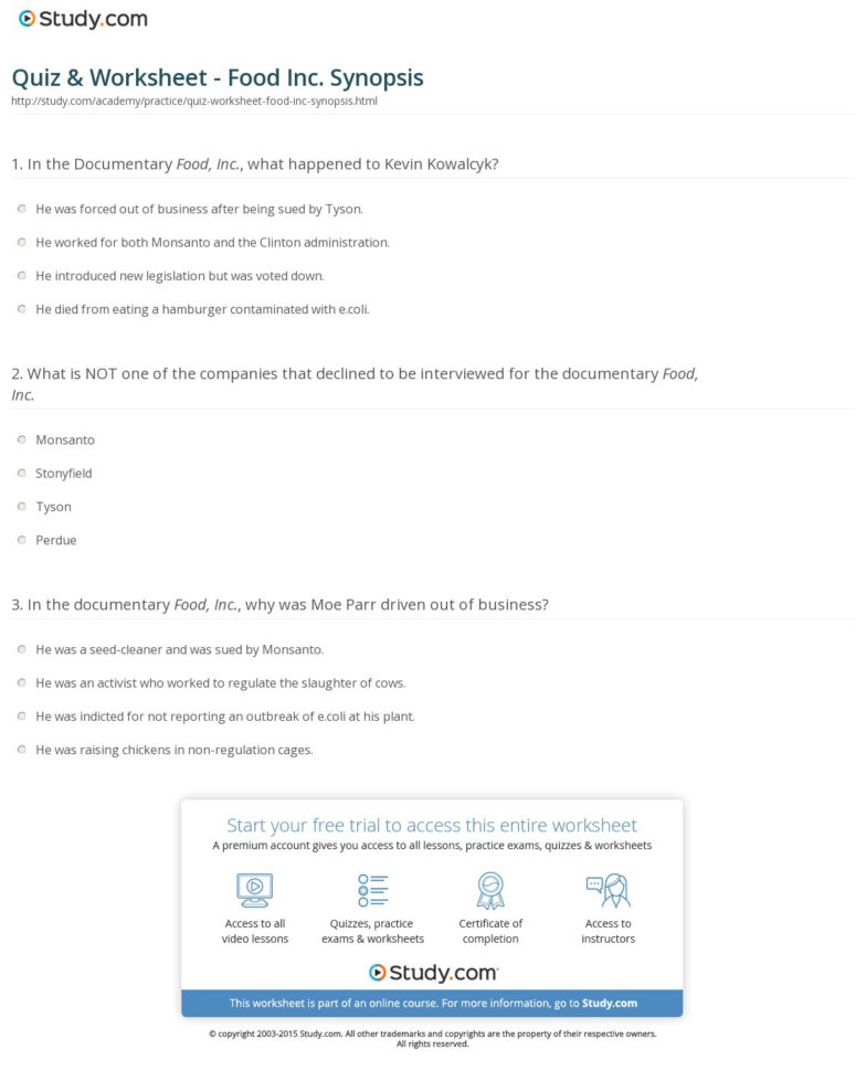Quiz  Worksheet  Food Inc Synopsis  Study