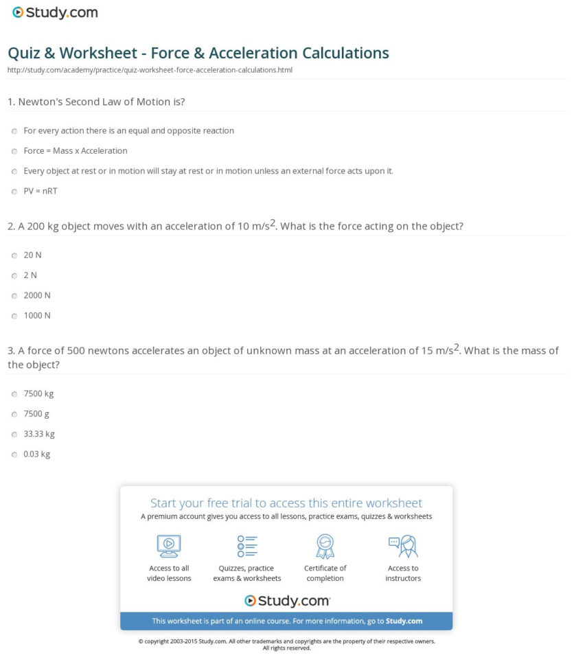 Quiz  Worksheet  Force  Acceleration Calculations  Study