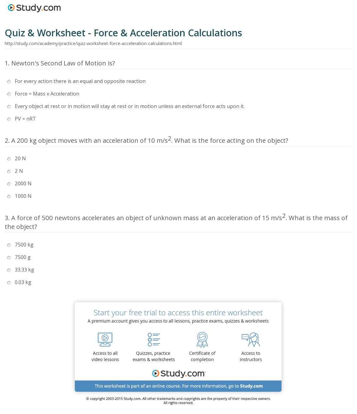 Quiz  Worksheet  Force  Acceleration Calculations  Study