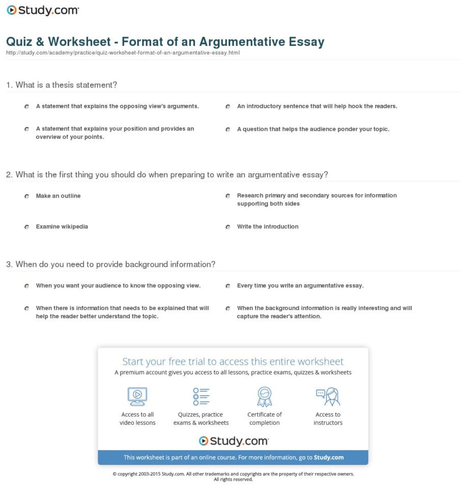 Quiz  Worksheet  Format Of An Argumentative Essay  Study